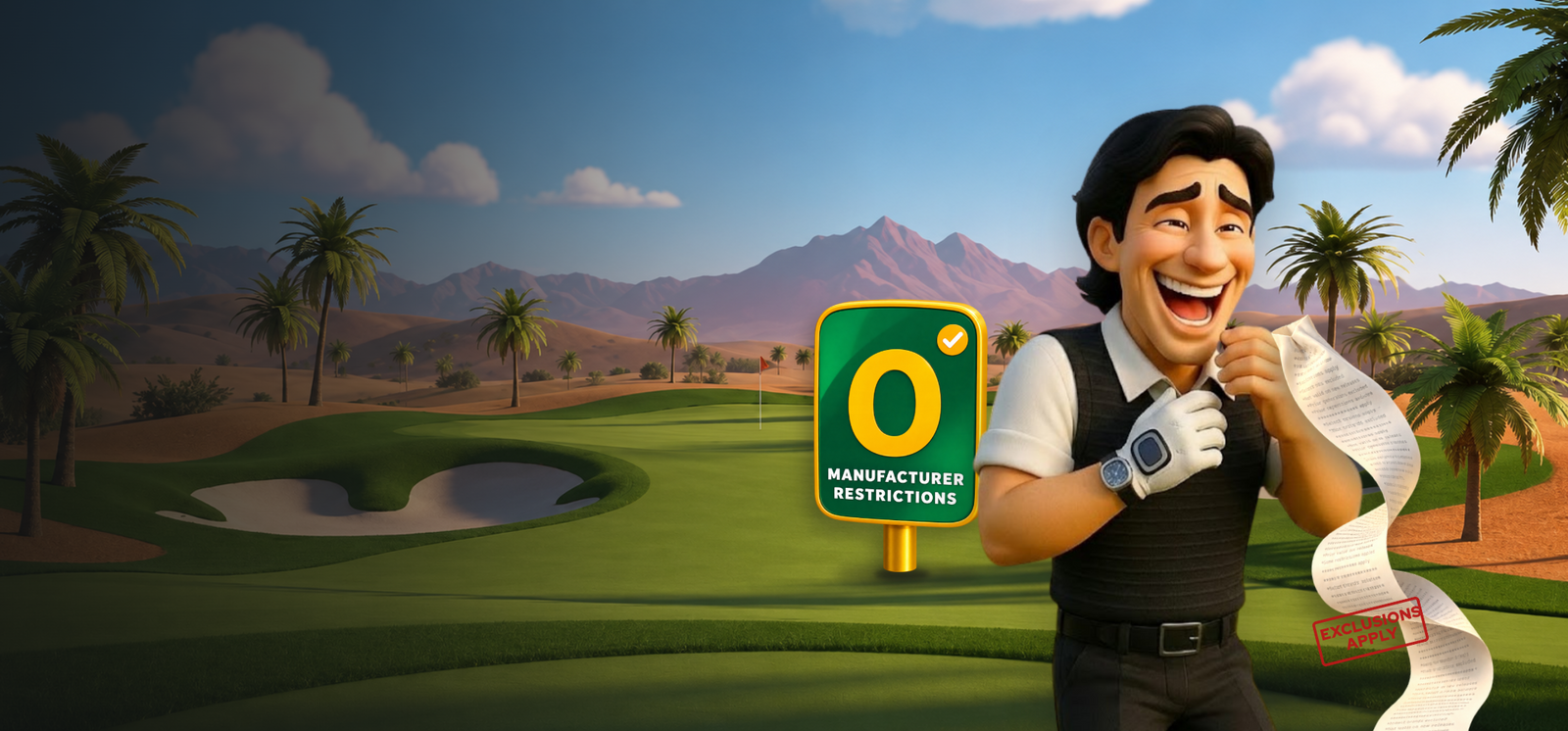 Mr Topes laughing at a long receipt of fine print next to a 0 Manufacturer Restrictions sign on a desert golf course