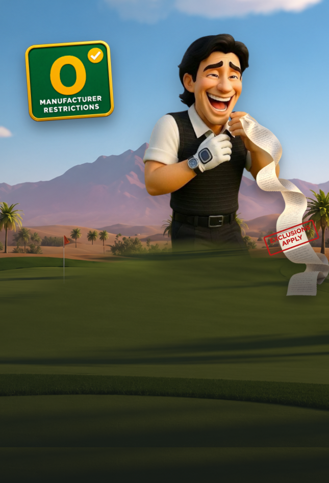 Mr Topes laughing at a long receipt of fine print next to a 0 Manufacturer Restrictions badge on a desert golf course